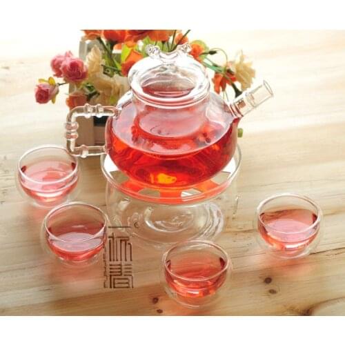Beautiful 600ml Glass teapot with infuser/filter+ 4/6 Cup + Warmer+candle,coffee pot,tea set for flower/black/puer/green tea