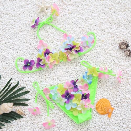Handmade Floral Swimsuit For Girls Two Piece Children Swimwear Colorful Kids Swim Suit Halter Bikini Baby 2-10 Ages Bathing Suit