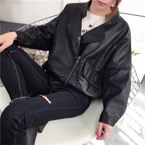Autumn women PU leather jacket 2018 short BF loose casual Black Leather Motorcycle Jacket biker vintage coat Chaqueta Mujer MA