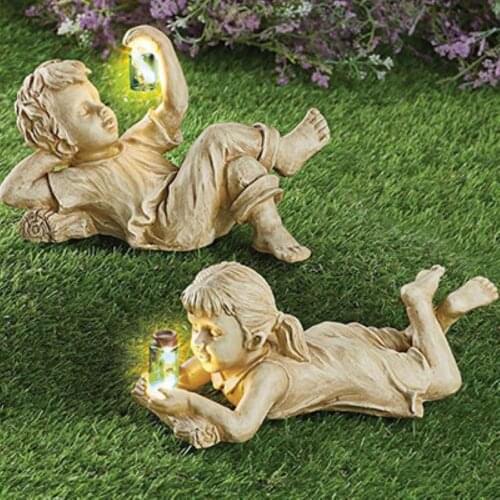 Boy Girl Statue Solar Lighted Outdoor Garden Sculpture Whimsical Flowerbed Yard Outdoor Sculpture Decor Jardin Garden Ornaments