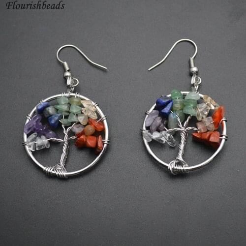 Mix Natural Stone Chips Chakra Life Tree Round Charm Drop Earrings Fashion Woman Jewelry 5pair per lot
