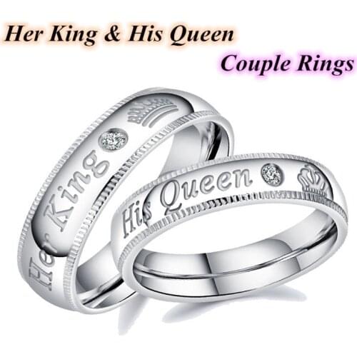 Fashion Stainless Steel Couple Rings Her King and His Queen Zircon Wedding Rings for Women Men Jewelry Lover Gift