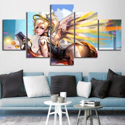 Home Decor Modular Canvas Picture 5 Piece Overwatch Angela Mercy Game Painting Poster Wall For Home Canvas Painting Wholesale
