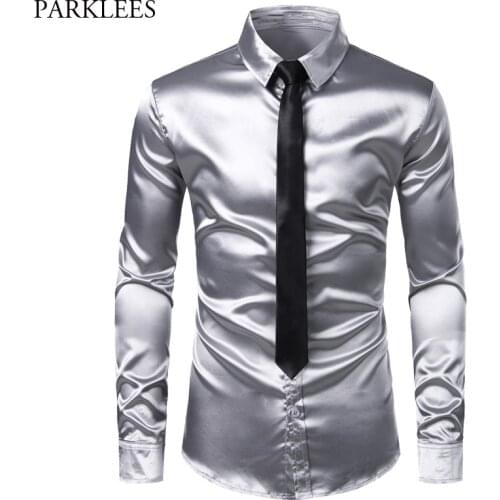 Mens Sliver Silk Satin Dress Shirt With Tie 2019 Brand Slim Fit Button Down Casual Shirt Male Party Wedding Prom Stage Chemise