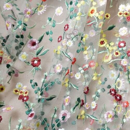 Soft white tulle multi color embroidered floral lace fabric by the yard for bridal wedding dress girl skirt doll dress prom gown