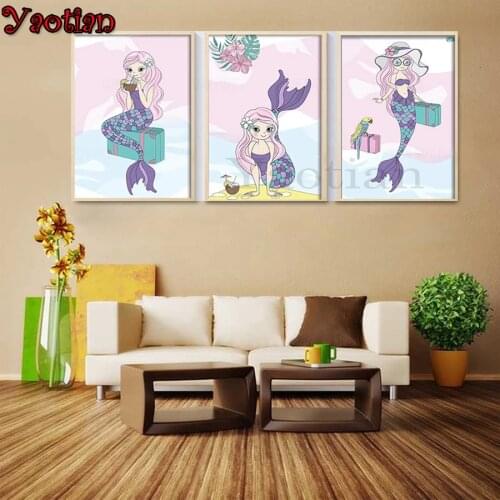 Full square round diamond painting Mermaid Paintings 3 pcs diamond embroidery sale 5d diy diamond mosaic Modern Wall Artwork