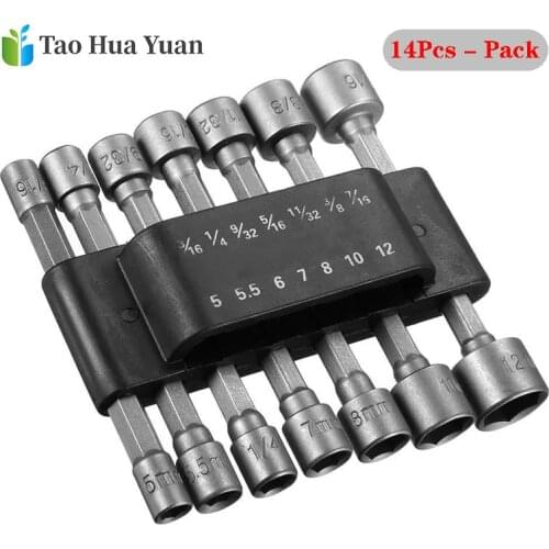 14pcs 1/4" Hex Shank Power Nut Driver Drill Bit Set Metric Socket Wrench Screw Hand Tools Metric Power Tool Drill Bit Adaptor AA