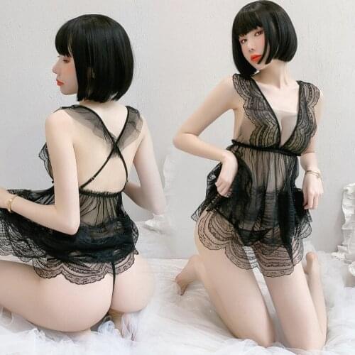 New love lace gauze V-neck backless perspective naked back sexy suspender belt nightdress sexy underwear female home wear