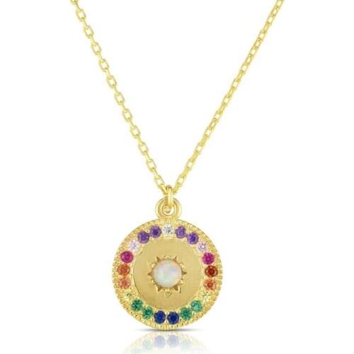 New Round Pendant Rainbow CZ White Fire Opal Stone Starburst Choker Signet Pendant Necklace Simple Geometric Fashion Jewelry