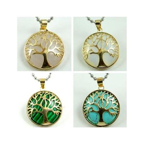 Natural Stone Quartz Crystal Turquoises Opal lapis Gold Color Tree of Life Round Shaped pendant for diy jewelry making necklace
