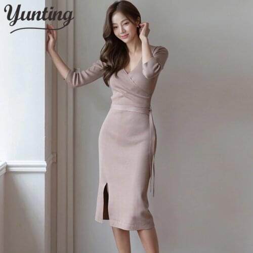 Casual V-neck Warm Women Sweater Dress Autumn Winter Slim Warm Pullover Dresses Knitted Female Dresses