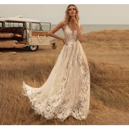 See Through A-line Country Lace Wedding Dress Destination Lower Back Light Bridal Dress vestido noiva princesa