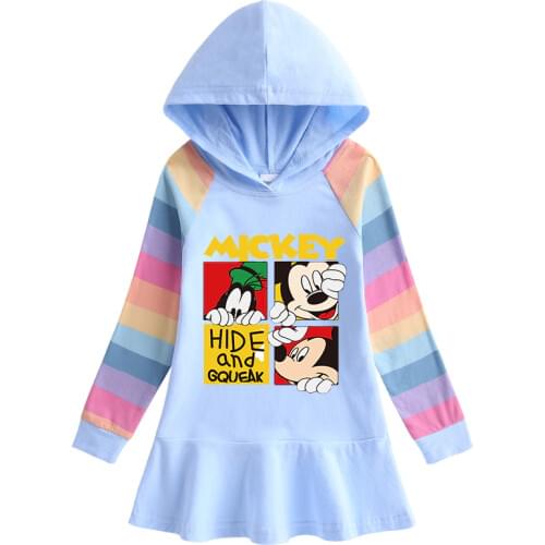 Mickey Mouse Pullover Dress Cartoon Goofy Rainbow Girls Dresses Childrens Long Sleeve Hooded Sweater Disney Princess Clothing