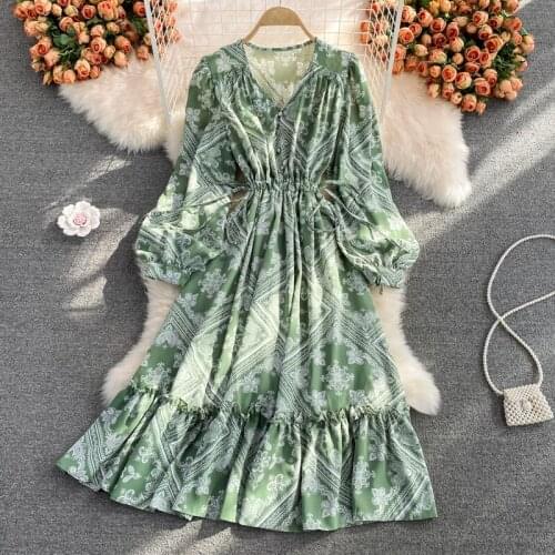 Vintage Flare Draw String Maxi Dresses French Style Floral Printed Chiffon Fairy Robe Casual Long Sleeve Clothing Fold Vestidos
