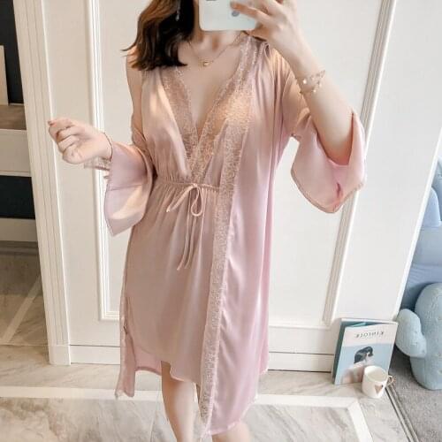 Sexy Deep V-Neck Backless Nightdress Set Pink Womans Lace Satin Kimono Robe Gown Suit Summer Bow Home Dress Intimate Lingerie