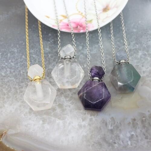 Hexagon Slices Natural Crystal Amethysts Fluorite Perfume Bottle Pendants Necklace,Gems stone Essential Oil Diffuser Vial Charms