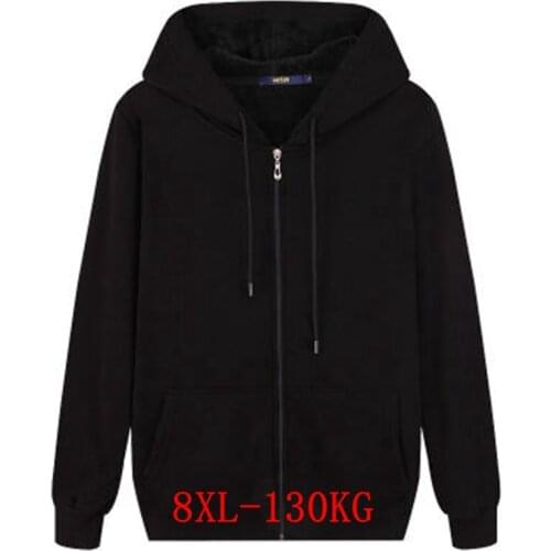 Autumn and winter mens large size hooded sweatshirt long sleeve zipper 5XL 6XL 7XL 8XL cool running warm cotton large size blac