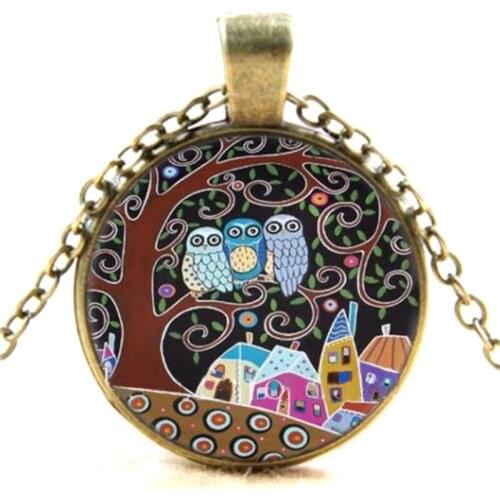 Aniaml Owl Cute Necklace Punk Antique Gold Cabochon Painting Owl Pendant Chain Necklace For Women Men Vintage Jewelry