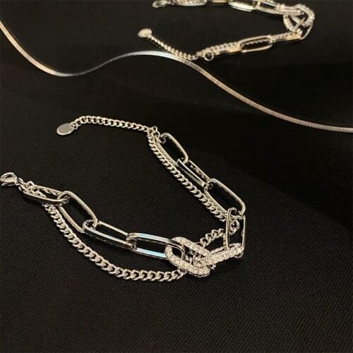 Titanium Steel Bling Rhinestones Chunky Chain Bracelet for Women Silver Color Double Layered Wide Curb Link Charm Bracelets Gift