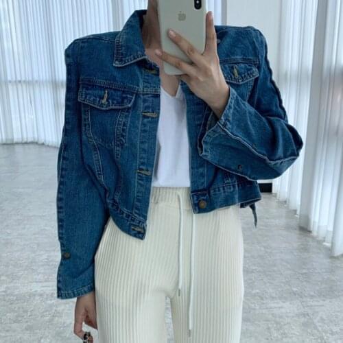 Vintage Women Washed Blue Short Denim Jacket Casual Loose 2021 Autumn Single-breasted Long Sleeve Jeans Jacket Jaqueta Feminina