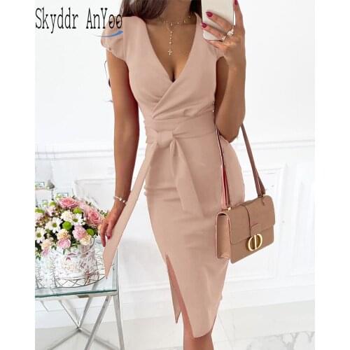Women Short Sleeve Bodycon Dress V-Neck Solid Ladies Office Dresses