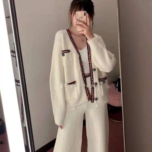 Women Sweater 2021 Early Autumn Single-breasted Rhinestone Button V-neck Loose Woven Trimming Female Knit Cardigan Jacket