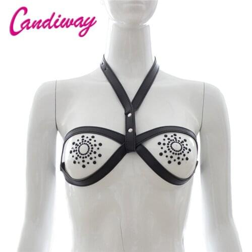 Candiway Sexy Adjustable Halter Faux Leather Strappy Harness Cage Bra Restraint Bondage Accessory With Rhinestone Nipple Sticker