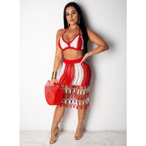 Sexy Tassel Women Knitted Skirt Set Spaghetti Strap Knit Skirt Suit Crocheted Women Beach Wear Two Pieces Crochet bikini set