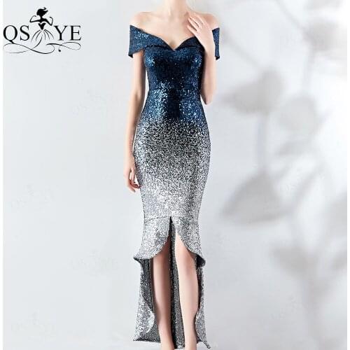 Navy Short Evening Dresses 2021 Mermaid Side Sleeves Evening Gown Glitter Split Party Dress Off Shoulder Sequin Formal Gown New