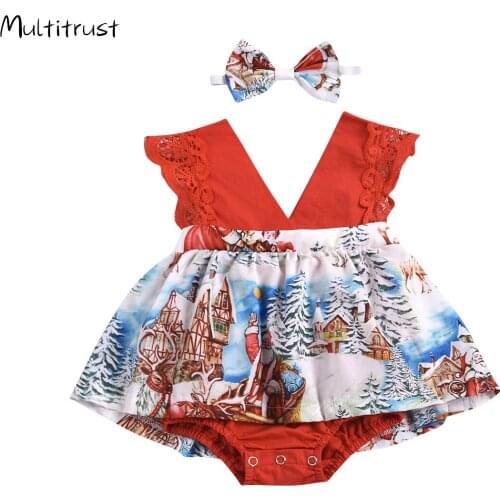 2021 Brand New 2Pcs Christmas Toddler Infant Newborn Baby Girls Romper Dress Jumpsuit Outfits TuTu Clothe+Headband Red Sets Gift