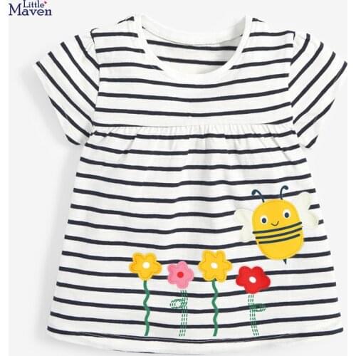 Children 2021 Summer Baby Girl Tee Tops Kids 2-7 Years Clothes Striped Flower Insect Applique Brand Cotton T Shirt 52037
