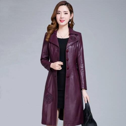 2021 Spring Autumn Jacket Womens Single-Breasted Long Sleeve Windproof Artificial Leather Slim Top Long Female Costume Outwear
