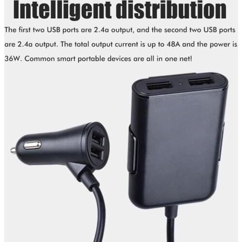 4 Port USB Car Charger 5V/4.8A Car Charger Adapter with 1.8m Extension Cable For iPhone Galaxy Xiaomi Huawei Back Seat Charging