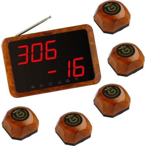 SINGCALL Wireless Cafe Service System. 5pcs APE560 Wood Color Table Bells and 1pc APE1900 Screen Receiver