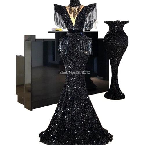 Brilliant V-Neck Black Evening Dress Mermaid Floor-Length Formal Dress Prom Dress Sequins Robe De Soiree Arabic Kaftans Glitter