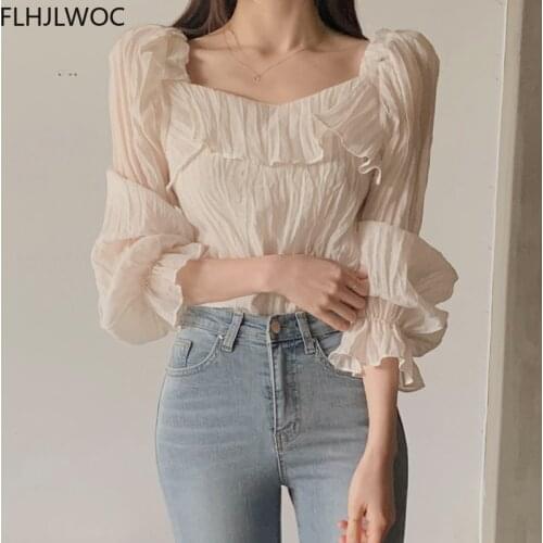 2021 Spring Korea Chic Tops Blusas Flare Sleeve Very Fairy Cute Sweet Girls Lady Shirts Flhjlwoc Pink Ruffled Women Blouses