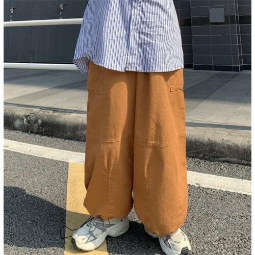 Korean Chic Men Loose Solid Autumn Bloomers Draw Elastic Waist Cotton Oversize Male Cargo Pants Japan Vintage Wide Leg Trousers