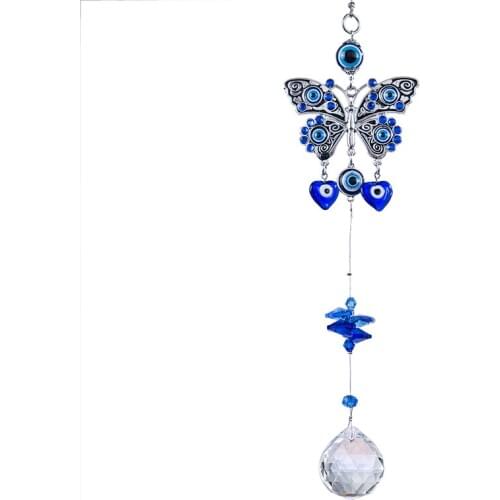 H&D Turkish Blue Evil Eye Rhinestone Butterfly Wall Hanging Pendants 30mm Ball Beads Lucky Charm Home Wedding Window Decoration