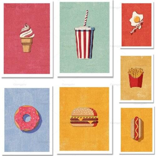 Egg Bacon Fries Hot Dog Burger Donut Drink Colorful Poster Canvas Pictures and Prints Restaurant Kitchen Wall Art Painting Decor