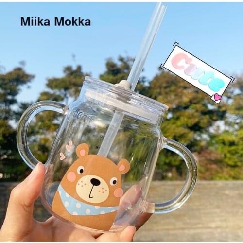 Creative Straw Cup Japanese Style Cartoon Childrens Milk Binaural Borosilicate Glass Cup Microwave Heating with Scale