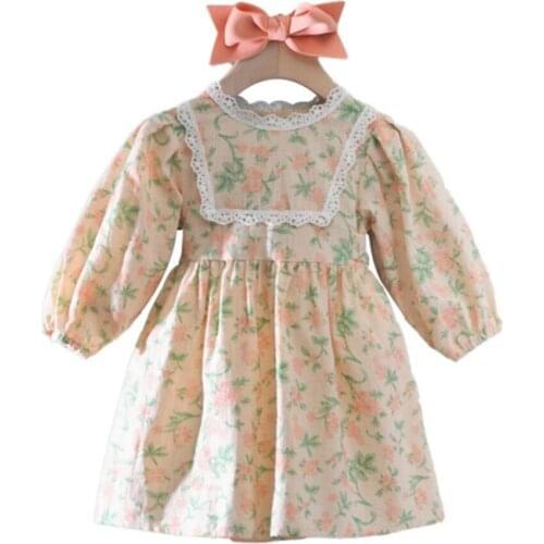 Baby girl summer vintage floral princess dress kids lace casual puff sleeve princess dress