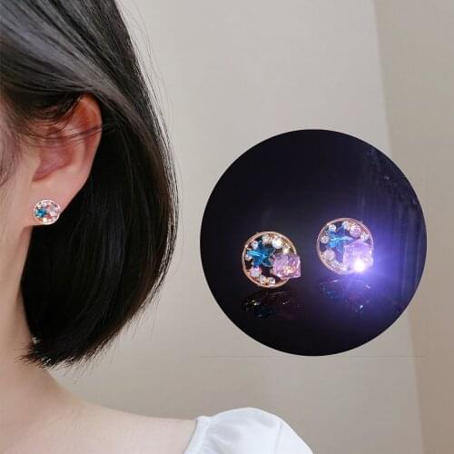 Trendy Cute Star Small Stud Earring Crystal Rhinestone Geometric Round Stud Earrings For Women Girls Fashion Lovely Jewelry Gift