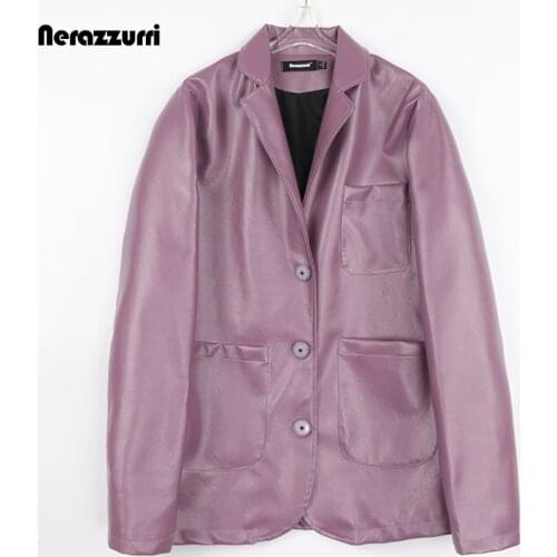 Nerazzurri Spring Autumn Oversized Purple Faux Leather Blazer Jacket Women Long Sleeve Pockets Elegant Luxury Loose Fashion 2021