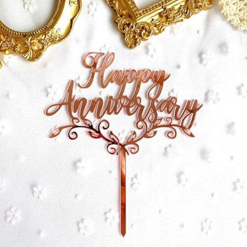 New Acrylic Happy Anniversary Cake Topper Pink Gold Mirror Acrylic Cake Toppers For Anniversary Wedding Party Cake Decorations