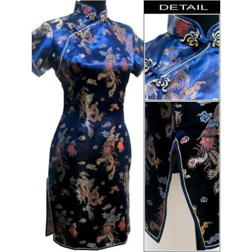 Plus Size 3XL 4XL 5XL 6XL Mini Cheongsam Navy Blue Vintage Chinese Style Womens Qipao Dress Short Vestido S M L XL XXL
