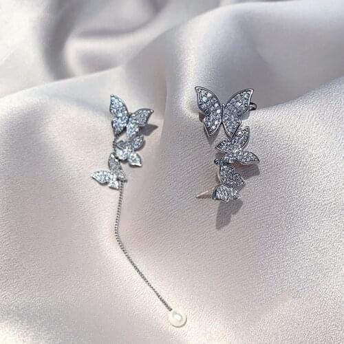 Koreas new super fairy butterfly earrings long tassel net red sweet earrings Trend Asymmetrical exquisite Ear Bone Clip