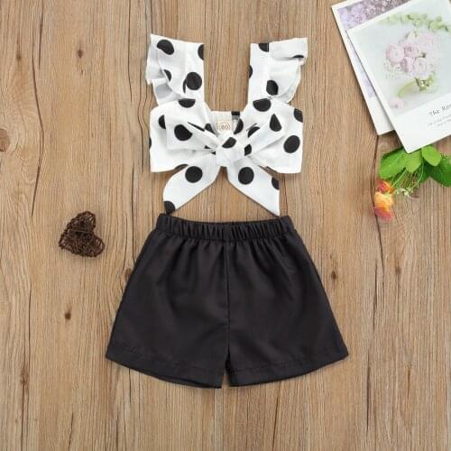 1-5 Years Fashion Baby Girl Clothes Set Polka Dot Ruffle Bow Decor Tank Top Black Shorts Summer Clothing