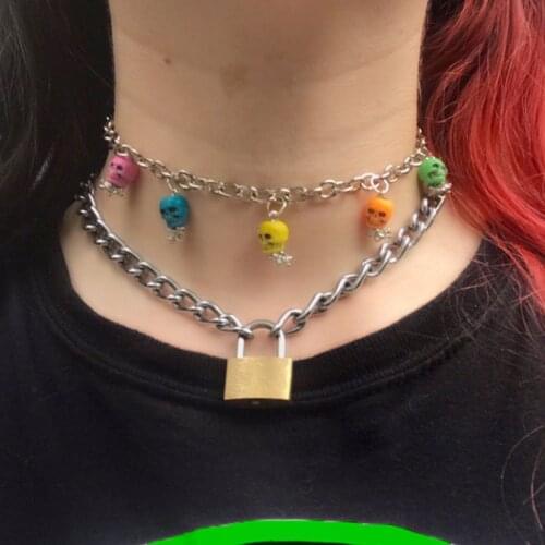 Goth Rainbow Skull Necklace for Women Metal Punk Hiphop Cool Harajuku Lock Necklace Charms Y2K Jewelry 90s Aesthetic Gifts