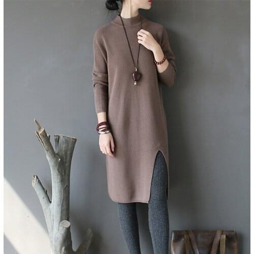 SCUWLINEN 2021 Autumn Winter Women Sweater Dress Solid O-neck Batwing-sleeve Slit Basic Long Straight Cotton Sweater Dress P278