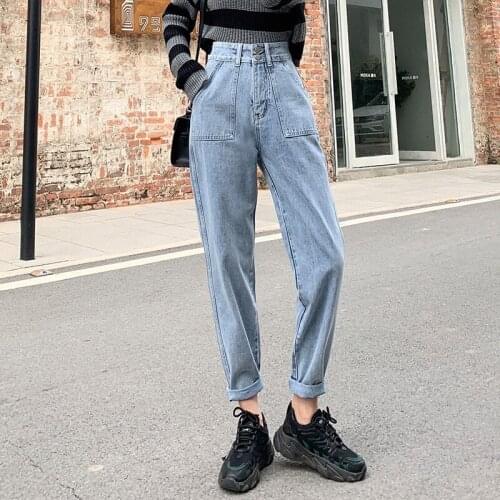 Vintage Pocket Ankle-Length Denim Harem Pants Mujer Casual Loose Wash Mom Jeans Women Harajuk Plus Size Black Baggy Jeans Femme